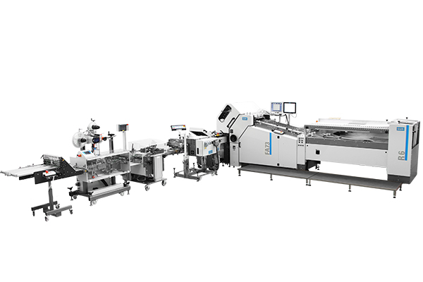 GUK Falzmaschine FA 73 mit Rundstapelanleger R6, Messerfalzwerk MVxK und Etikettierer Turn&Tab